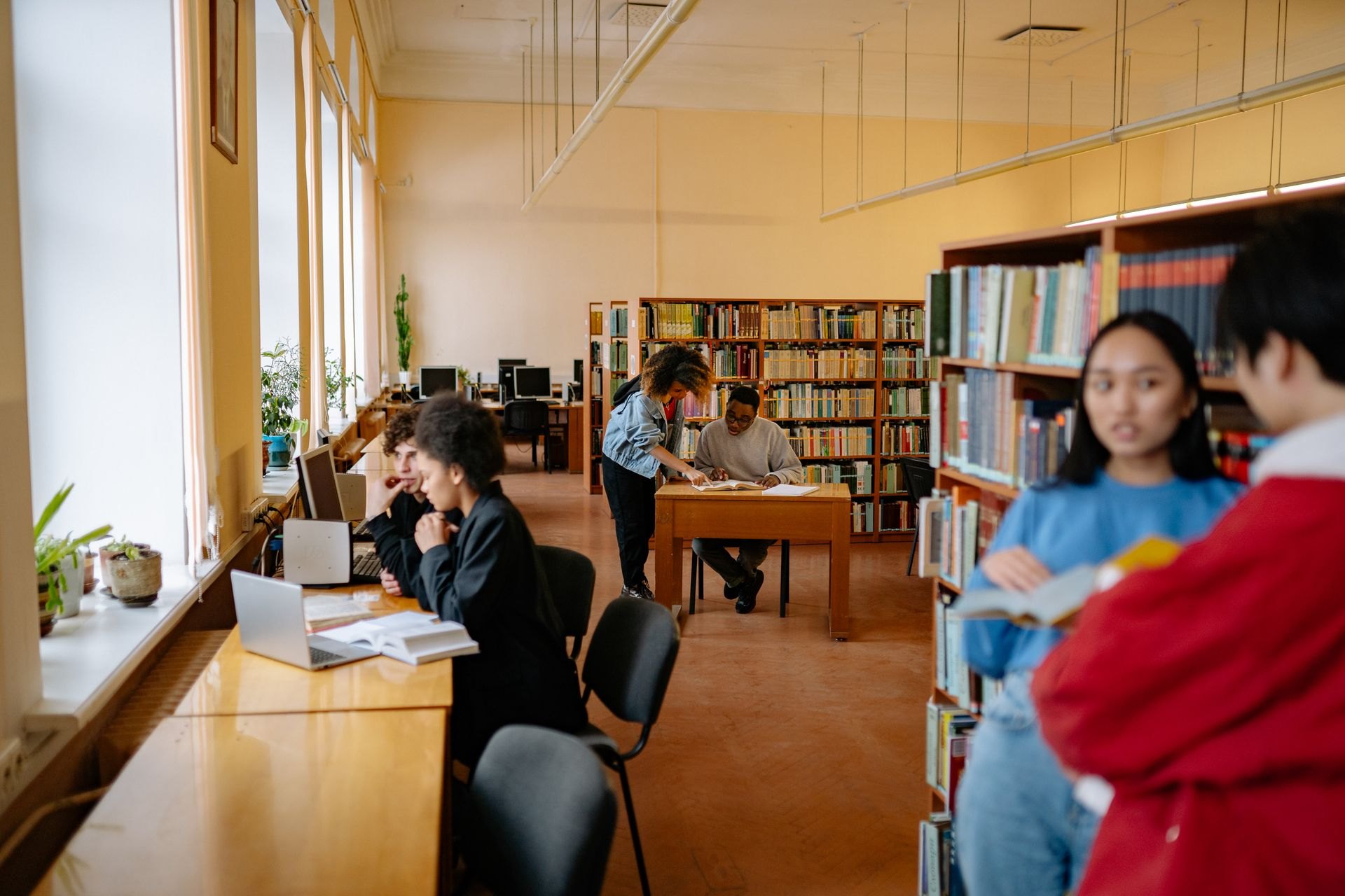 Students reading and collaborating in a library
